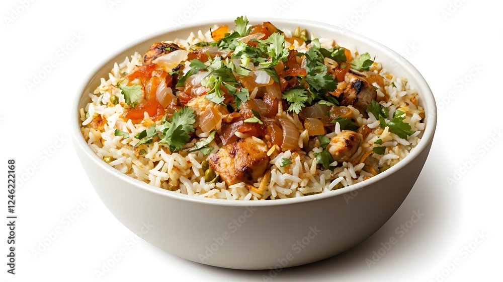 A bowl of aromatic Indian biryani with saffron-infused basmati rice, tender marinated chicken, caramelized onions, and fresh herbs, placed on a white isolated background A bowl of aromatic Indian biryani with saffron-infused basmati rice, tender marinated chicken, caramelized onions, and fresh herbs, placed on a white isolated background