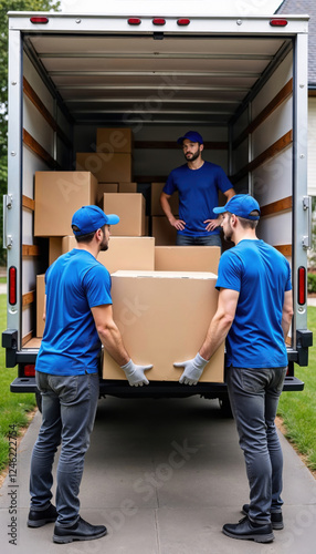 Movers in blue uniform carefully transport a large cardboard box out of a moving truck parked on a residential street, a third mover supervises. Photorealistic image. Copy space