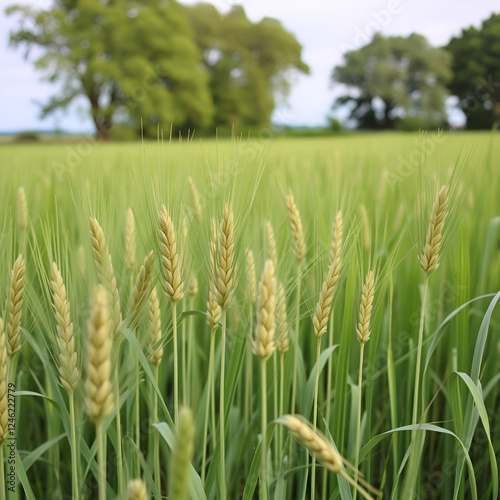 Spikelets of wheat in the field. Agriculture concept. Collective farm field. Mown grass. Green trees. natural background. Creative image. postcard. photo