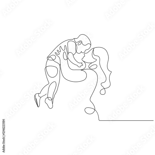 Single Line Drawing of Mother Lifting Baby