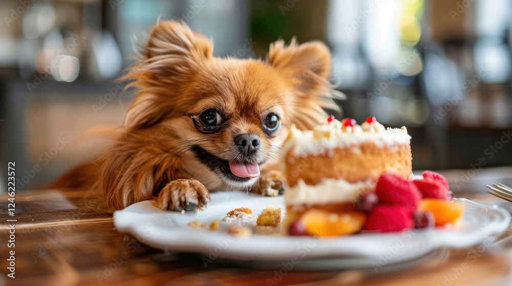 A small, eager dog gazes at a delicious cake on a plate, surrounded by vibrant fruits in a cozy café A small, eager dog gazes at a delicious cake on a plate, surrounded by vibrant fruits in a cozy café
