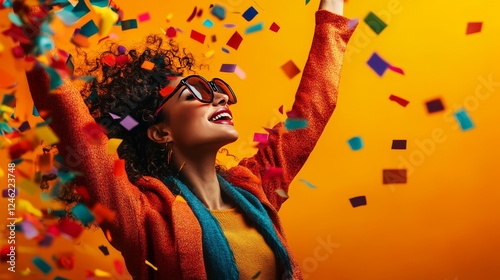 Studio Shot Of Excited Woman Celebrating Big Win Showered In Tinsel Confetti On Yellow Background