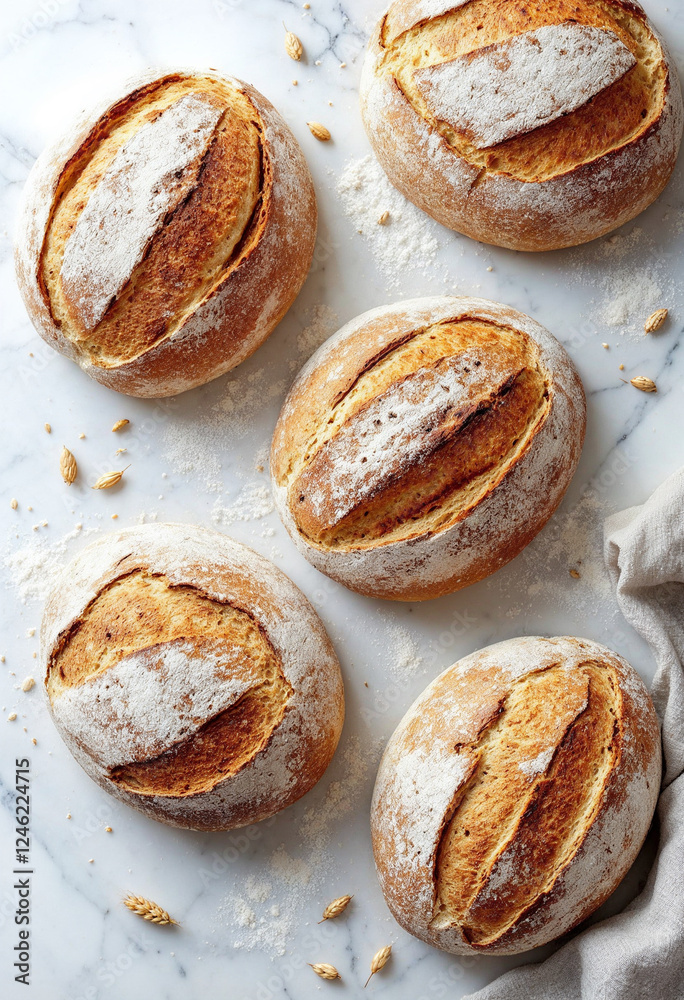 Rustic sourdough loaves on marble, with negative space for text, perfect for promotions. Rustic sourdough loaves on marble, with negative space for text, perfect for promotions.