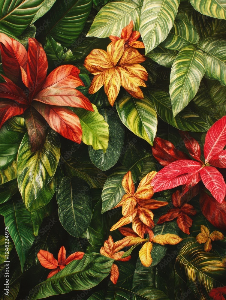 Naklejka premium Tropical green leaves background with lush foliage and vibrant colors, colors, exotic