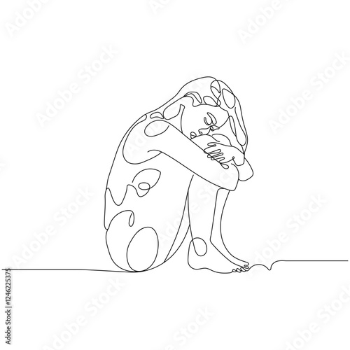 Single line drawing of a woman sitting sadly.