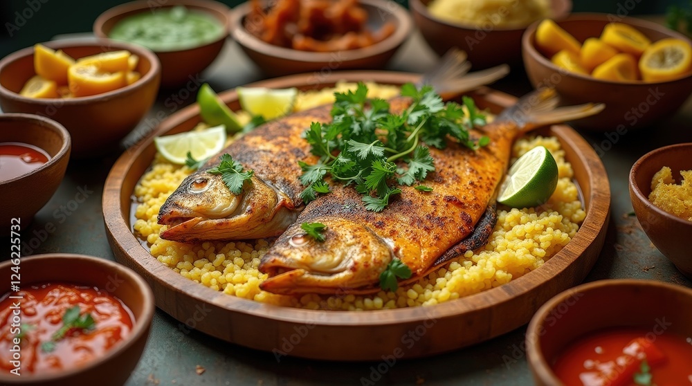 Grilled whole tilapia with accompaniments in traditional Ivorian meal Grilled whole tilapia with accompaniments in traditional Ivorian meal