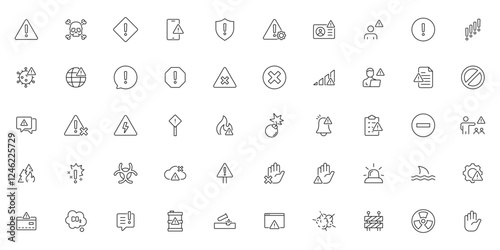 Warning notification. Danger icon set. Set of warning related line icons. Alert, caution, danger, error, shield icon. Editable stroke