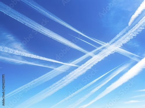 Contrails, appearing like delicate white lines, cross and recross against a backdrop of a clear blue sky. Chemtrails