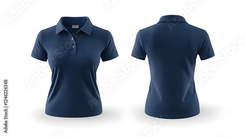 Navy blue women Polo t-shirt blank template front and back view isolated on grey background