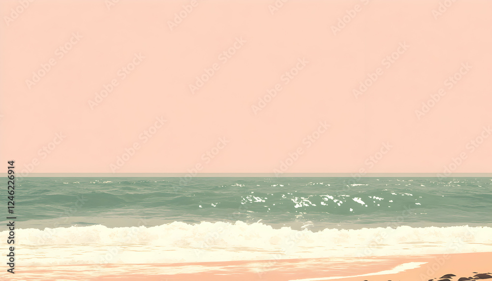 Serene coastal scene gentle waves lapping a tranquil sandy beach under a soft pink sky. Ideal for calming, summery designs. Serene coastal scene gentle waves lapping a tranquil sandy beach under a soft pink sky. Ideal for calming, summery designs.