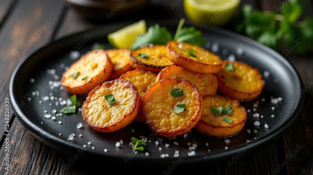 Crispy twice-fried plantains served on a rustic plate with fresh garnishes Crispy twice-fried plantains served on a rustic plate with fresh garnishes