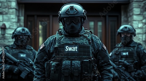 Swat Team Members Standing Outside of a Building at Night. photo