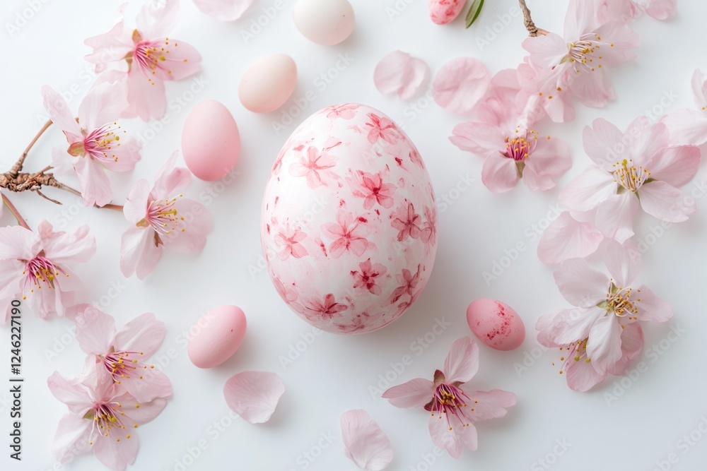 Blooming Cherry Blossoms Frame a Pastel Pink Easter Egg on a Fresh White Background Blooming Cherry Blossoms Frame a Pastel Pink Easter Egg on a Fresh White Background