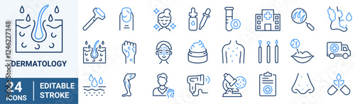 Dermatology web line icons. Skin allergy. Atopic, itchy, Dry skin, Rash, Epidermis. cosmetology. Editable stroke.