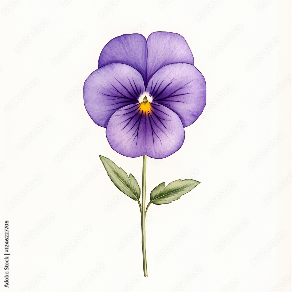 Fototapeta premium Purple Pansy Illustration: A delicate watercolor illustration of a single purple pansy, showcasing its intricate details and vibrant color. The pansy's delicate petals and stem are elegantly depicted.