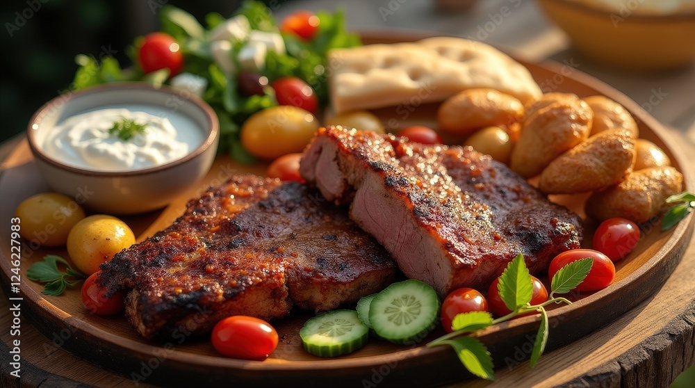 Delicious traditional souvla with marinated pork and lamb served outdoors Delicious traditional souvla with marinated pork and lamb served outdoors