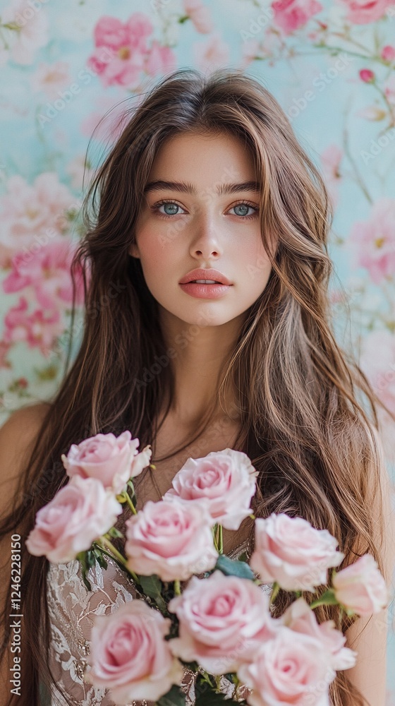 portrait of young woman with long brown hair and blue eyes holding pink roses. portrait of young woman with long brown hair and blue eyes holding pink roses.