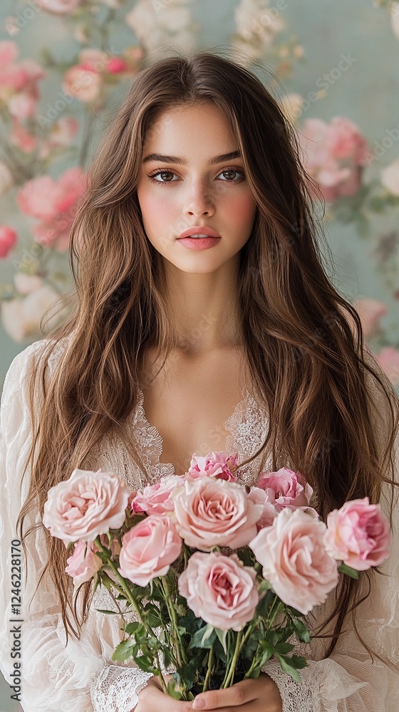 A young woman with long brown hair holding a bouquet of pink roses. A young woman with long brown hair holding a bouquet of pink roses.