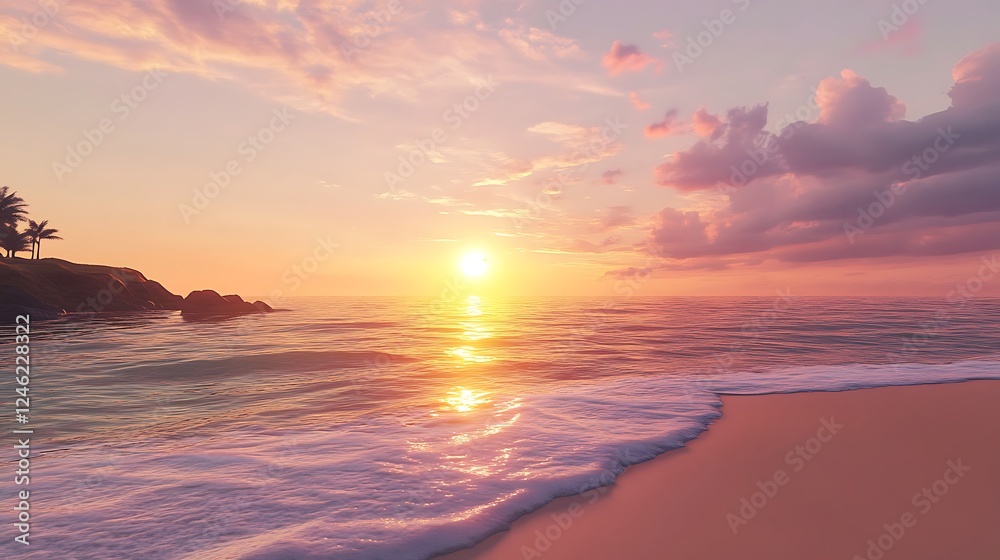 fiery sunset hues blending seamlessly with gentle ocean waves image fiery sunset hues blending seamlessly with gentle ocean waves image
