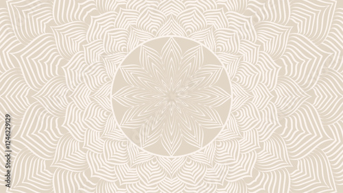 Round mandala on dreamy peach fuzz gradient background. Translucent mesh pattern in the form of a mandala. Mandala with floral patterns.Gradient background with round mandala.Vishal