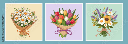 flower bouquets in wrapping and blooming plant. Compositions for a florist shop. Chamomiles, tulip, wild flowers. Happy holidays. Vector illustration isolated on color background.