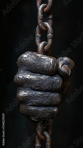 A close-up of a rusted chain and hand wrapped in leather. photo