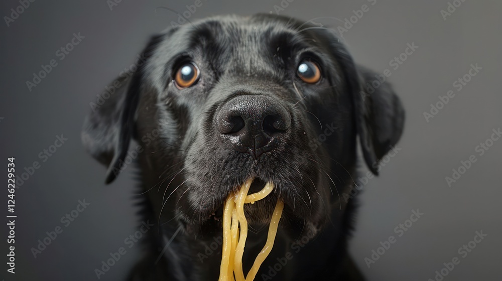 A playful black dog with spaghetti hanging from its mouth against a neutral backdrop A playful black dog with spaghetti hanging from its mouth against a neutral backdrop