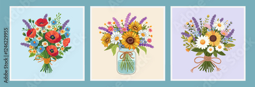 flower bouquets in wrapping and blooming plant. Compositions for a florist shop. sunflowers, chamomile, poppies, wild flowers. Happy holidays. Vector illustration isolated on color background.