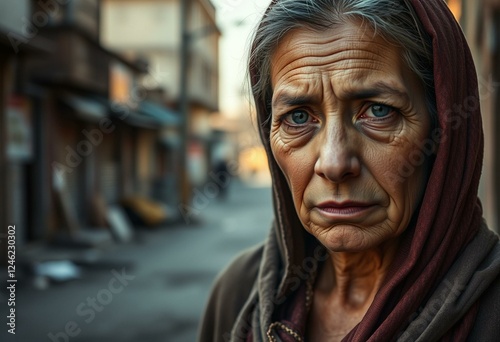 Poor woman's portrait from 45-degree angle with blurred urban background