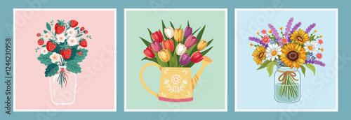 flower bouquets in wrapping and blooming plant in watering can and jar. tulips, sunflowers, strawberries. Happy holidays. Vector illustration isolated on white background.
