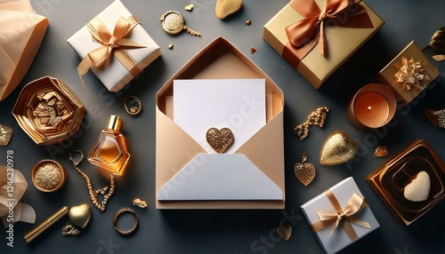 Luxury gift and flower around the love card. Luxury style, gold and white color