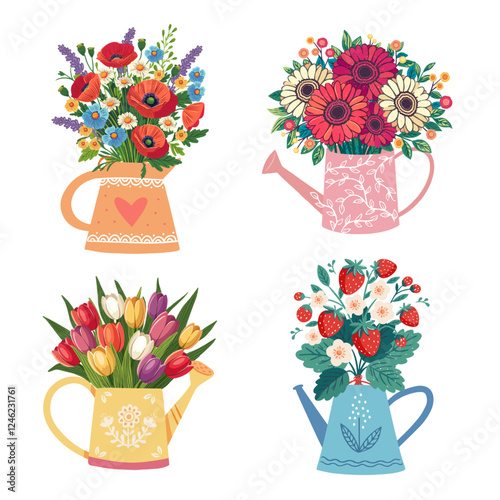 flower bouquets in wrapping and blooming plant in watering can. tulips, gerberas, strawberries, poppies. Happy holidays. Vector illustration isolated on white background.