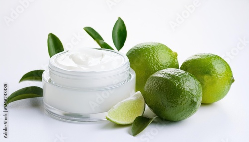  Revitalizing Green Detox Fresh Lime, Natural Ingredients, and Cosmetic Cream on a White Background photo