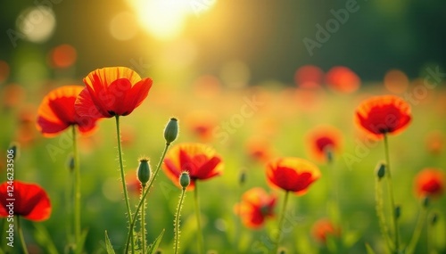 Vibrant red poppies bloom in a sun-drenched summer meadow , meadow, countryside, nature