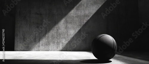 Single black basketball resting on a concrete floor in a dimly lit room, sunbeam shines through a window.