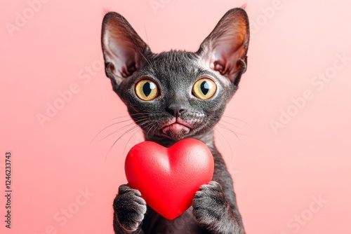 Lykoi - my desired cat. Cute lykoi baby cat cub with companion toy red heart - sign of love, funny greeting card. Ad campaign visual idea. Red theme valentine kitten. Valentine's card pet. photo