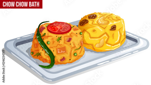 Karnataka Chow Chow Bath Breakfast. Upma or Khara Bath & Kesari Bath Served on Tray. Authentic South Indian Cuisine Detailed Illustration