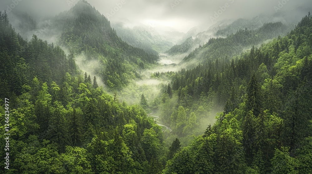 Misty mountain valley, lush forest, river, scenic view, nature background Misty mountain valley, lush forest, river, scenic view, nature background