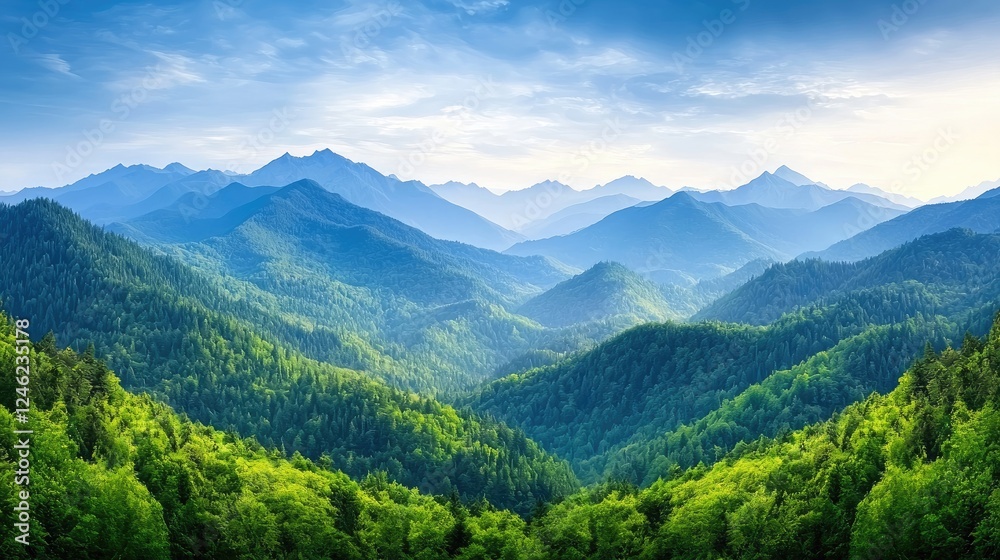 Majestic mountain range, sunlit peaks, lush forests, scenic vista, travel poster Majestic mountain range, sunlit peaks, lush forests, scenic vista, travel poster