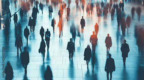A busy urban environment with blurred silhouettes of people walking in motion creating a sense of movement and metropolitan rush
