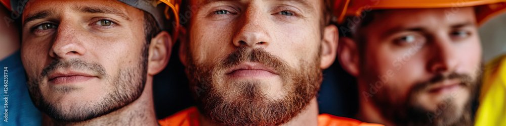 Obraz premium Three Construction Workers in Hard Hats