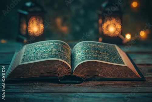 Open holy book, night scene, lanterns, wooden table, faith