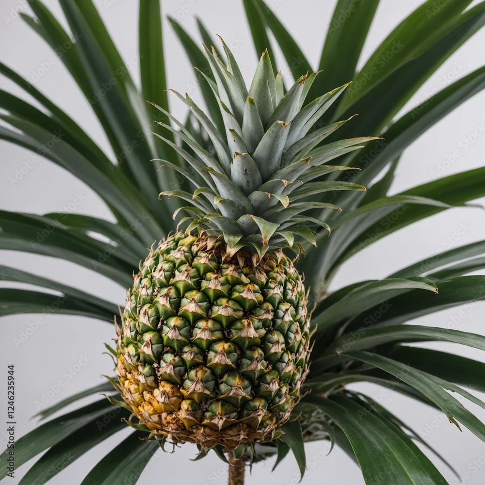 A pineapple’s crown close-up, shot with a focus on the sharp leaves and pure white background. A pineapple’s crown close-up, shot with a focus on the sharp leaves and pure white background.