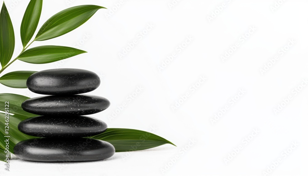 A calm arrangement of stacked black stones with green leaves, symbolizing balance and tranquility, perfect for wellness and relaxation themes. A calm arrangement of stacked black stones with green leaves, symbolizing balance and tranquility, perfect for wellness and relaxation themes.
