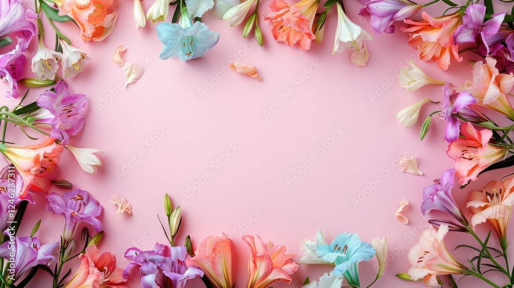 Vibrant floral arrangement on soft pink background, showcasing various blossoms and petals Vibrant floral arrangement on soft pink background, showcasing various blossoms and petals