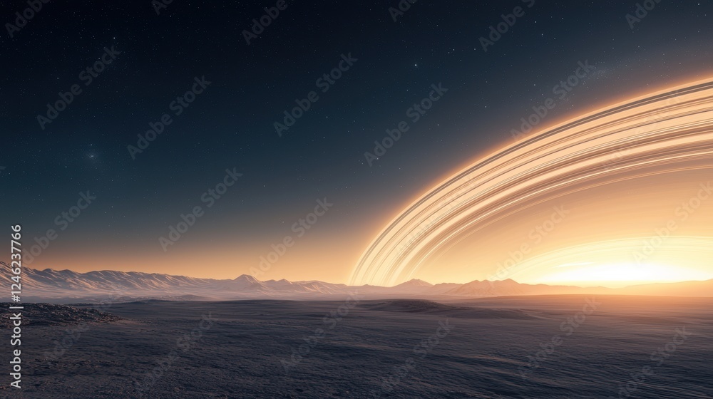 Obraz premium Wide Panoramic View of Futuristic Space Station under Stunning Cosmic Rings
