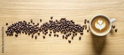 Flat Lay of Coffee Cup Full of Creamy Coffee Latte With Artistic Heart Shape Design and Coffee Beans