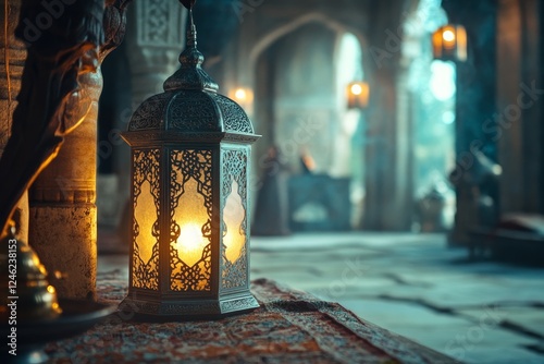 Ornate lantern glows in ancient mosque, figures praying photo