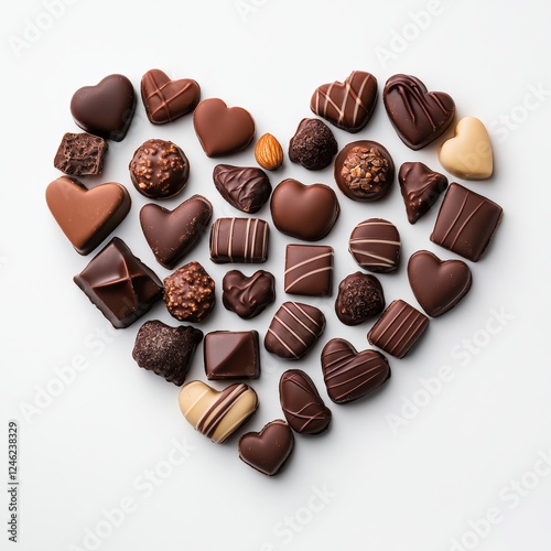 A heart made of assorted chocolates on a white background, perfect for a Valentine's Day theme