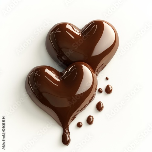 Two intertwined liquid chocolate hearts with glossy texture on a white background